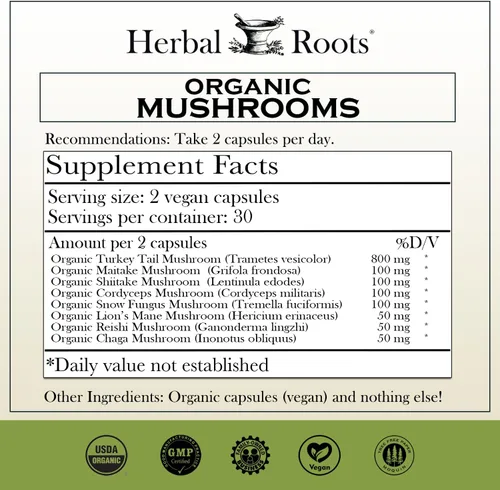 Miniatura 2 de Herbal Roots Cápsulas orgánicas de suplemento de mezcla de hongos 8 - Extractos corporales 100% fructíferos - Bienestar e inmunidad - 60 cápsulas
