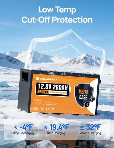 Miniatura 7 de ECO-WORTHY LiFePO4 carcasa metálica de 12 V 280 Ah batería de litio con Bluetooth, protección a baja temperatura, BMS de 200 A integrado, 3584 Wh