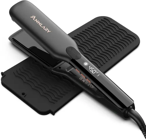 Miniatura 13 de Annlary - Plancha de pelo alisadora de 1 pulgada y rizador de pelo plana de 2 en 1 de titanio y cerámica iónica con voltaje dual, con silicona Negro