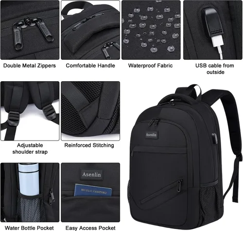 Miniatura 4 de Mochila Asenlin para portátil de viaje para mujeres y hombres, mochila resistente al agua para negocios, delgada y resistente, con puerto USB