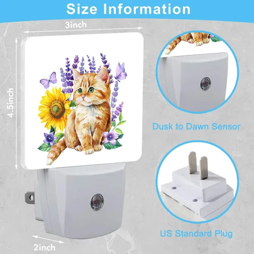 Miniatura 3 de Lindas flores de gatito y lavanda, mariposas de girasol con enchufe floral con sensor automático de atardecer a amanecer, luces nocturnas cálidas