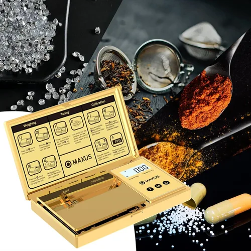Miniatura 5 de MAXUS Báscula digital de gramos con capacidad de 7.05 oz x 0.00 oz, elegante cubierta chapada en oro y plataforma para un pesaje preciso y preciso