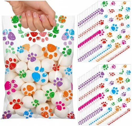 Miniatura 8 de Pasimy 100 bolsas de regalo de pata de perro a granel, diseño de pata de mascota, bolsas de plástico con asa para decoración de fiesta de cumpleaños