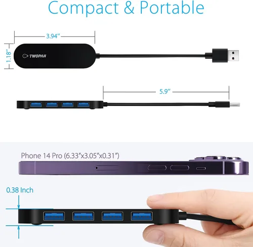 Miniatura 4 de TWOPAN Hub USB 3.0 de 4 puertos, adaptador multipuerto USB ultra delgado para laptop, escritorio, Mac, Surface Pro, XPS, mouse, teclado, unidad