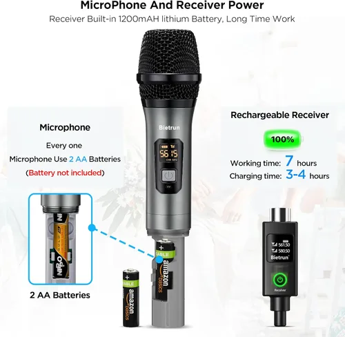 Miniatura 4 de Bietrun Micrófono Inalámbrico XLR, Conjunto de Micrófono Dinámico de Metal Portátil Dual UHF con Receptor Recargable, Adaptador XLR a 1/4