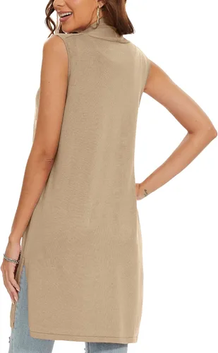 Miniatura 4 de Chaleco de punto largo para mujer, sin mangas, con bolsillos, frente abierto, drapeado, chaleco casual
