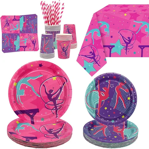 Decoraciones de fiesta de cumpleaños de gimnasia, suministros de fiesta temática para pequeñas gimnastas de baile con mantel, platos, servilletas,
