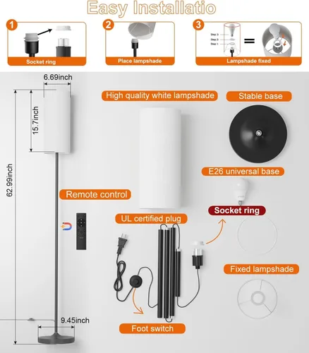 Miniatura 4 de luckystyle Lámpara alta regulable de pie, bombilla LED de 12 W con pantalla, interruptor de pie, poste de temperatura de color personalizado remoto