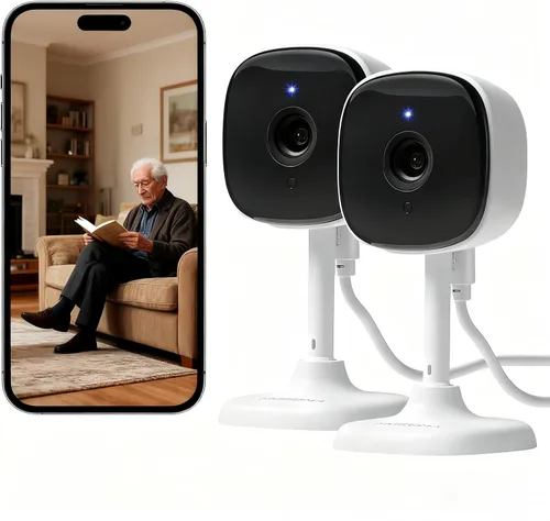 AMOROM Paquete de 2 cámaras de seguridad con cable 1080P para interiores, cámaras interiores para el hogar, para perros, gatos, mascotas, niñeras,