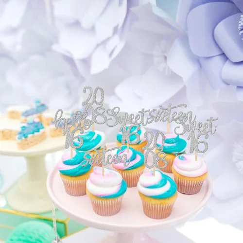 Miniatura 7 de 24 piezas de decoraciones para cupcakes de 16 cumpleaños con purpurina, ¡Hola 16! Dulces 16 desde 2008, púas para cupcakes de 16 años para celebrar