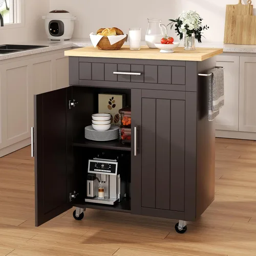 Miniatura 18 de Shintenchi Carrito de isla de cocina con almacenamiento, armario de bar portátil sobre ruedas, mesa auxiliar de carrito de microondas con estación