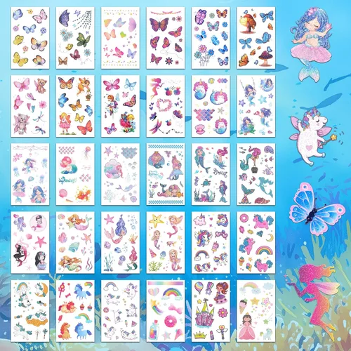 Miniatura 2 de Ozepao Tatuaje temporal con purpurina para niñas, 30 hojas de calcomanías de tatuaje de mariposa, sirena, unicornio para niños, tatuajes falsos