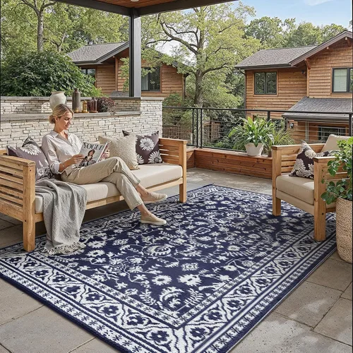 Miniatura 18 de PureCozy Alfombra de paja de plástico para exteriores, color negro, beige, grande, impermeable, para patio, 5 x 8 pulgadas, geométrica, reversible