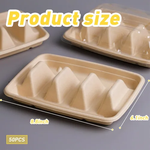 Miniatura 2 de 50 soportes desechables para tacos para fiestas, 3 compartimentos, soporte de bandeja de tacos de papel, platos desechables para tacos