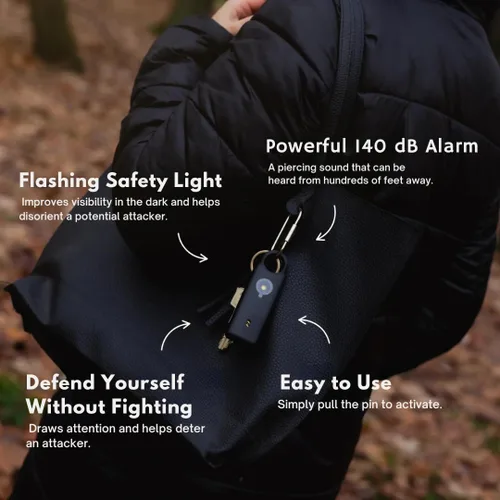 Miniatura 2 de VOLTEK Alarma personal de metal para mujer (negro) – Llavero de alarma de seguridad de autodefensa de 140 dB, alarma de emergencia recargable USB-C