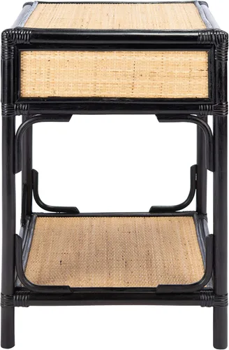 SAFAVIEH Home Collection - Mesita de noche Roya negra y natural con cajón y estante, mesa de acento costera, marco estilo bambú y cajón de ratán
