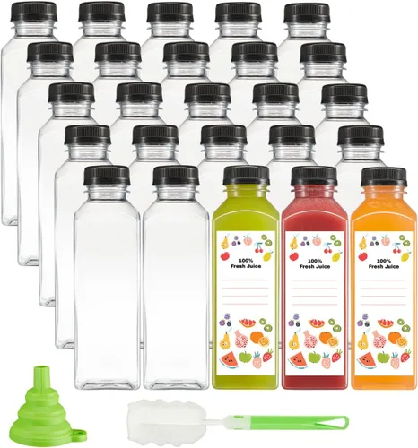 GUSTO 25 botellas de jugo de plástico reutilizables con tapas, etiquetas, cepillo y embudo de silicona, botellas de plástico transparente con tapas,