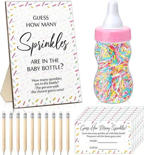 Qilery 122 piezas de juegos de baby shower Adivina cuántos gránulos incluidos, letrero de pie, 100 tarjetas de adivinanza, 20 lápices, 1 biberón Rosa