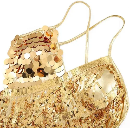 Miniatura 2 de REETAN Falda de vientre de moda con guantes de lentejuelas y borlas, vestido de baile, falda de baile rave, disfraz de rendimiento para mujeres