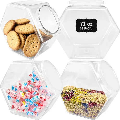 Miniatura 8 de Woozettn 3 tarros de plástico para caramelos, tarros de galletas transparentes de 71 onzas para encimera de cocina, tarros de galletas hexagonales