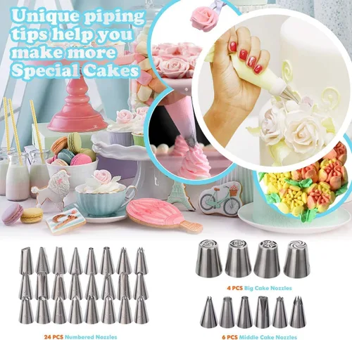 Miniatura 5 de Kit de 207 piezas de suministros de decoración de pasteles para principiantes, tocadiscos de tartas, más de 100 bolsas de tuberías, puntas