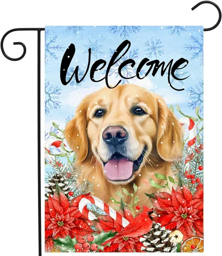 Miniatura 25 de Bandera floral de jardín Golden Retriever para jardín, banderas de bienvenida para exteriores de 12 x 18 pulgadas, bandera de perro de flores