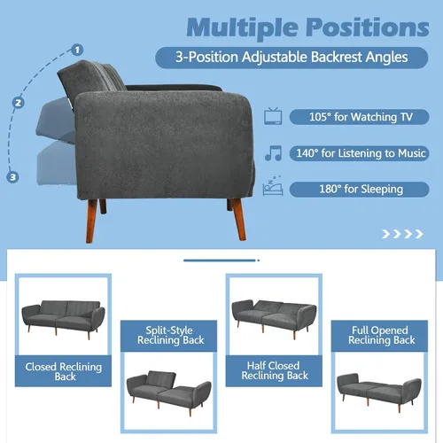 Miniatura 5 de KOMFOTT Sofá cama futón convertible, sofá biplaza de tela de lino moderno con respaldo dividido y ajustable, 6 patas de madera maciza, esponja
