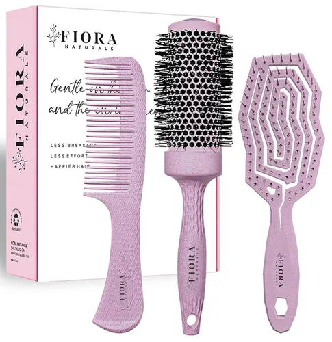 Fiora Naturals Juego de cepillo desenredante bio-amigable, cepillo redondo y peine para mujeres - Todos los tipos de cabello: natural, fino y rizado