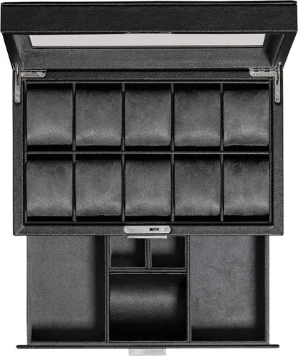 ROTHWELL Caja de reloj de 10 ranuras en cuero con cajón de valet organizador de exhibición de lujo con forro de microgamuza ultrasuave soporte para