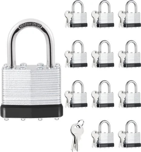 Miniatura 12 de 6 candados con las mismas llaves, acero laminado negro plata (1-9/16 pulgadas, 1.575 in), grillete normal para cobertizos, puertas, vallas, caja