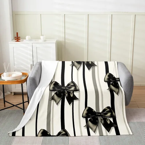 Erosebridal Black Ribbon Bow Fleece Throw Blanket 40"x50" - Ultra-Soft for Couch Sofa Bed,Geometric Stripes Flannel Blanket,Princess Style Bowknot