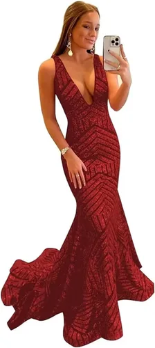 Miniatura 6 de Toreque Women's Long Sequin Mermaid Prom Dresses Deep V Neck Sleeveless Formal Evening Party Gowns with Train