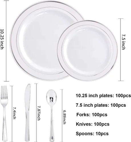 Miniatura 4 de I00000 - Juego de vajilla plateada de 700 piezas para 100 invitados - 100 platos para cena, 100 platos para postre, 100 vasos desechables de 10