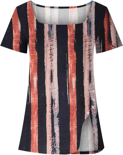 Miniatura 3 de Stessotudo Blusas y tops para mujer, cuello cuadrado, manga corta, estampado floral, dobladillo dividido, largo, casual, elegante, túnica