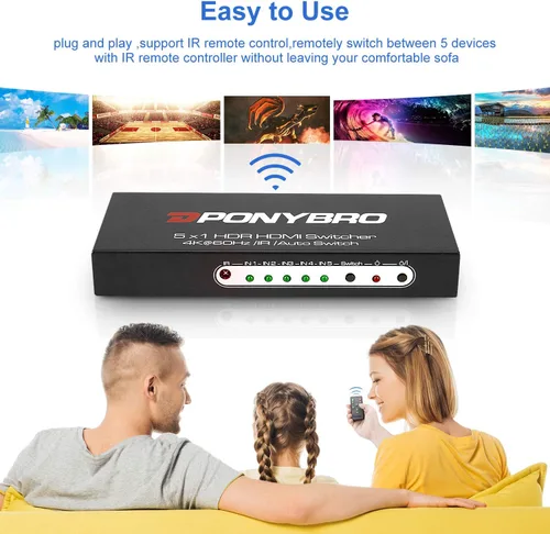 Miniatura 3 de Conmutador HDMI 2.0 de 5 puertos 4K @60Hz conmutación automática - 5 en 1 salida con control remoto, HDR10, 3D, Ultra HD para PS5/Xbox/PC/Fire TV