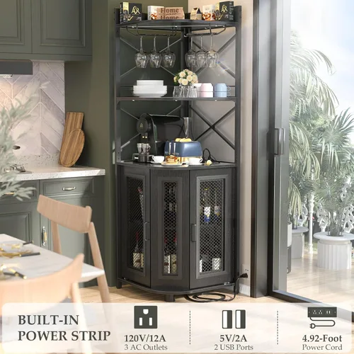 Miniatura 4 de Aheaplus Gabinete Bar de Esquina con Toma de Corriente, Gabinete de Vino Industrial con Tira LED y Portavasos, Gabinetes de Licores de 5 Niveles
