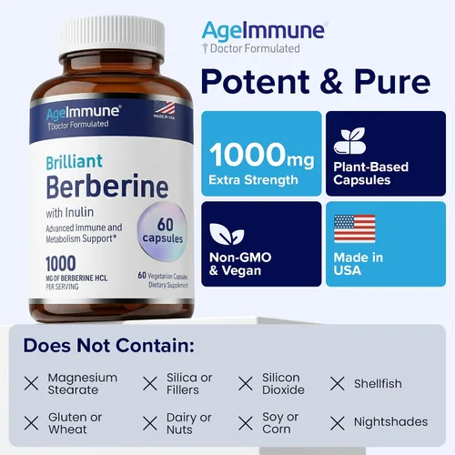 Miniatura 10 de Complejo de suplemento de berberina de 1000 mg con prebiótico de inulina - Berberina HCL 500 mg por cápsula - Suplemento de berberina formulado por