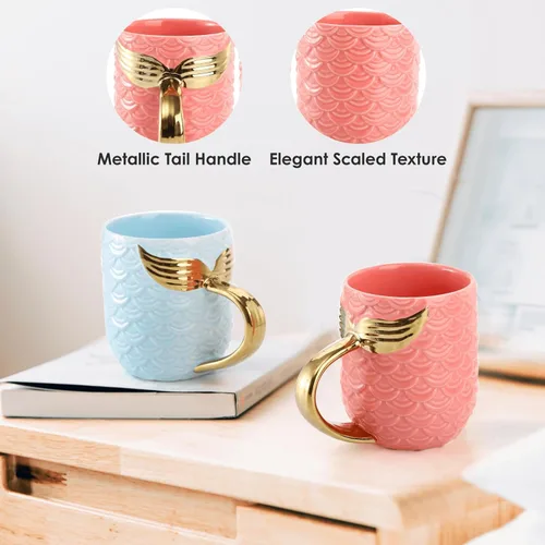 Miniatura 3 de Youeon Juego de 2 tazas de café de cerámica de 12 onzas con textura escalada, juego de tazas rosas y azules con mango metálico en la cola, regalo