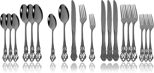 JASHII Juego de cubiertos de acero inoxidable 304, utensilios de cocina estilo antiguo, 20 piezas, servicio para 4 vajillas negras con cuchillos,