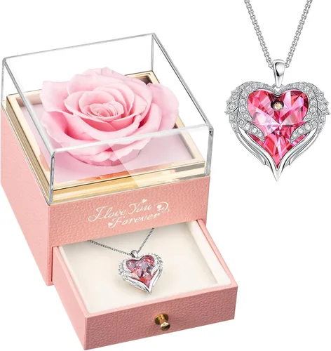 Miniatura 10 de NEWNOVE Rosa real preservada en color azul claro con collar de ángel, regalos de aniversario y cumpleaños para mujeres, esposa, novia, mamá, ideas