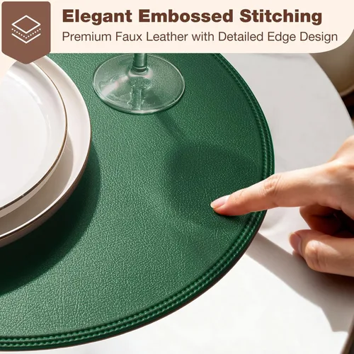 Miniatura 2 de Round Vinyl Beige Placemats Set of 6, Faux Leather Waterproof Wipeable Heat Resistant Place Mats, Washable Table Mats for Halloween, Thanksgiving &