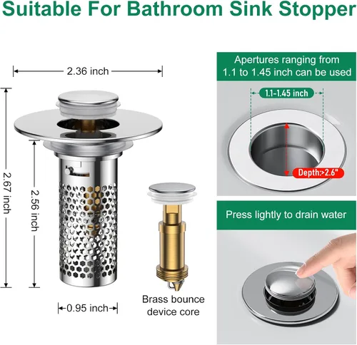 Miniatura 2 de Colador de drenaje para lavabo de baño, tapón emergente para lavabo atrapa cabellos, cesta de filtro de drenaje de acero inoxidable Ysilver-2