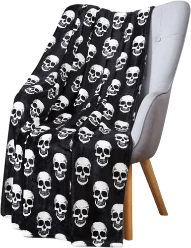 Manta de forro polar de Halloween: calaveras blancas sobre terciopelo negro suave extra grande 70 x 50 para sofá, cama, sillón o dormitorio