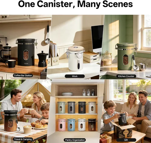 Miniatura 9 de Veken Recipiente de café grande con ventana, recipiente hermético de acero inoxidable para almacenamiento de alimentos de cocina para granos de café