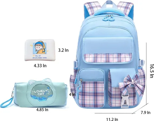 Miniatura 7 de Mochila azul de 5 piezas para niñas escolares – Mochila Kawaii para escuela primaria para niños, lindas mochilas a cuadros para niñas, estudiantes