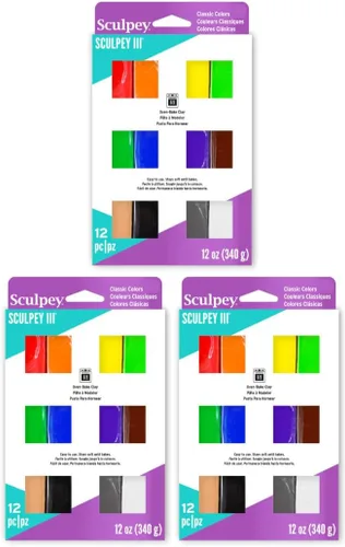 Sculpey Polymer Clay Sculpey III Oven-Bake 12-Count Classic Assortment, 12 Assorted Classic Colors in 1 oz. Bars, Perfect for Jewelry and Crafting,