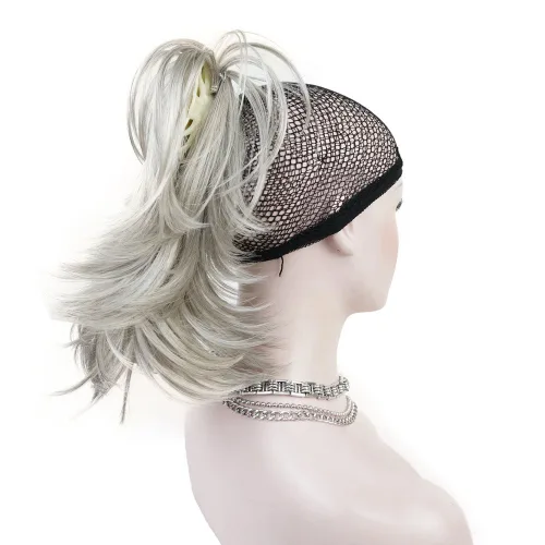 Miniatura 4 de Aimole Peluca sintética con clip de cola de caballo recta extensiones cortas de pelo gris plateado (51)