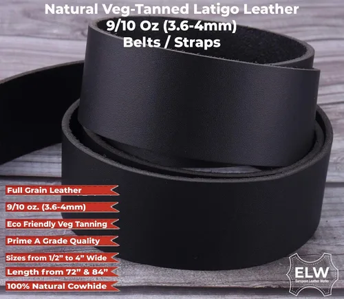 Miniatura 2 de ELW Negro Latigo Leather 9-10oz (0.142-0.157 in) correas, cinturones, tiras 1-1/2" (3.8cm) de ancho x 72" (1.83m) de largo cuero de grano completo