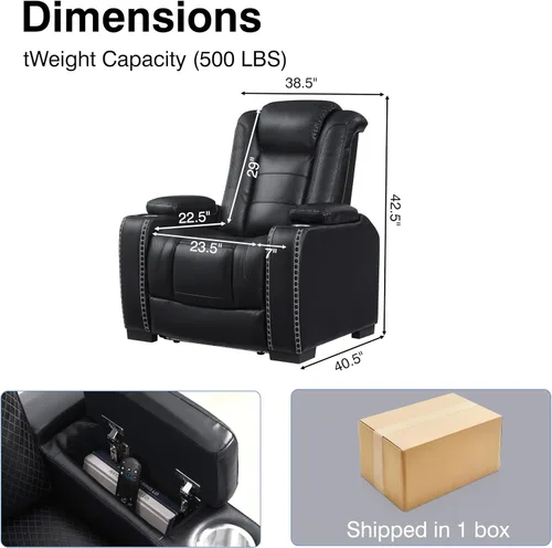 Miniatura 2 de THSUPER Silla reclinable Power Theater de cuero marrón con almacenamiento de brazos y luces LED, reclinable con reposacabezas eléctrico y portavasos