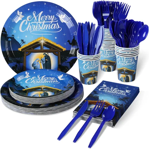Suministros para fiestas de Navidad, juego de platos y servilletas de Navidad, platos de papel desechables de Jesús para la noche santa de Jesús,